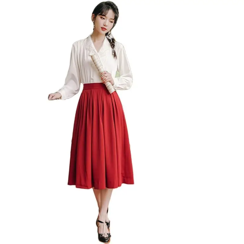 

2022 New White Embroidery Shirt Red Swing Skirt Set Free Shipping
