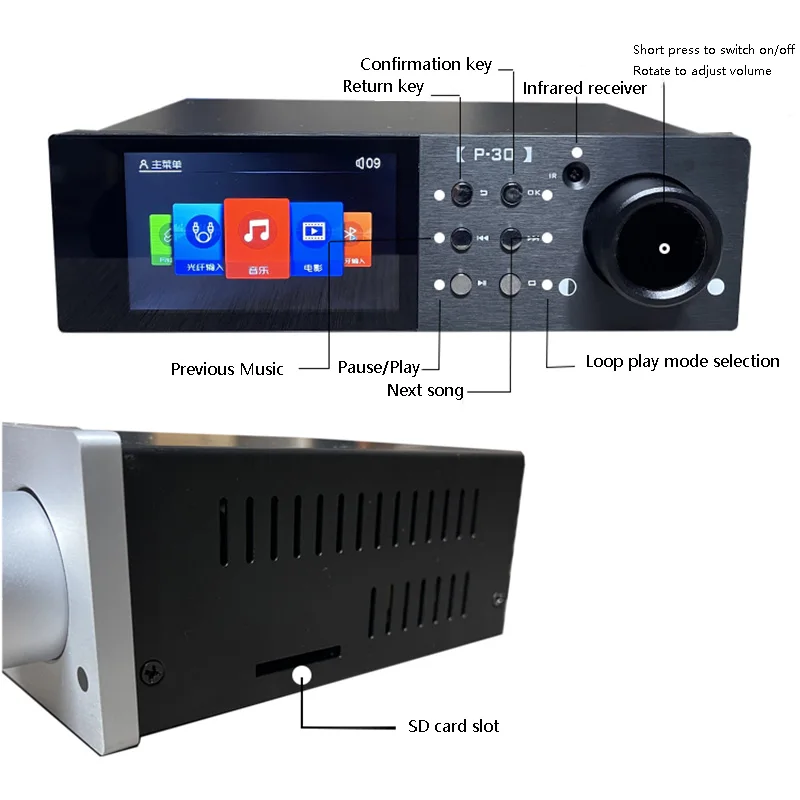 Digital audio player HIFI music player dual 9038Q2M SD Card USB lossless decoding music turntable QCC5125 Bluetooth 5.1 AD827 + AD847 Op-Amp Combo