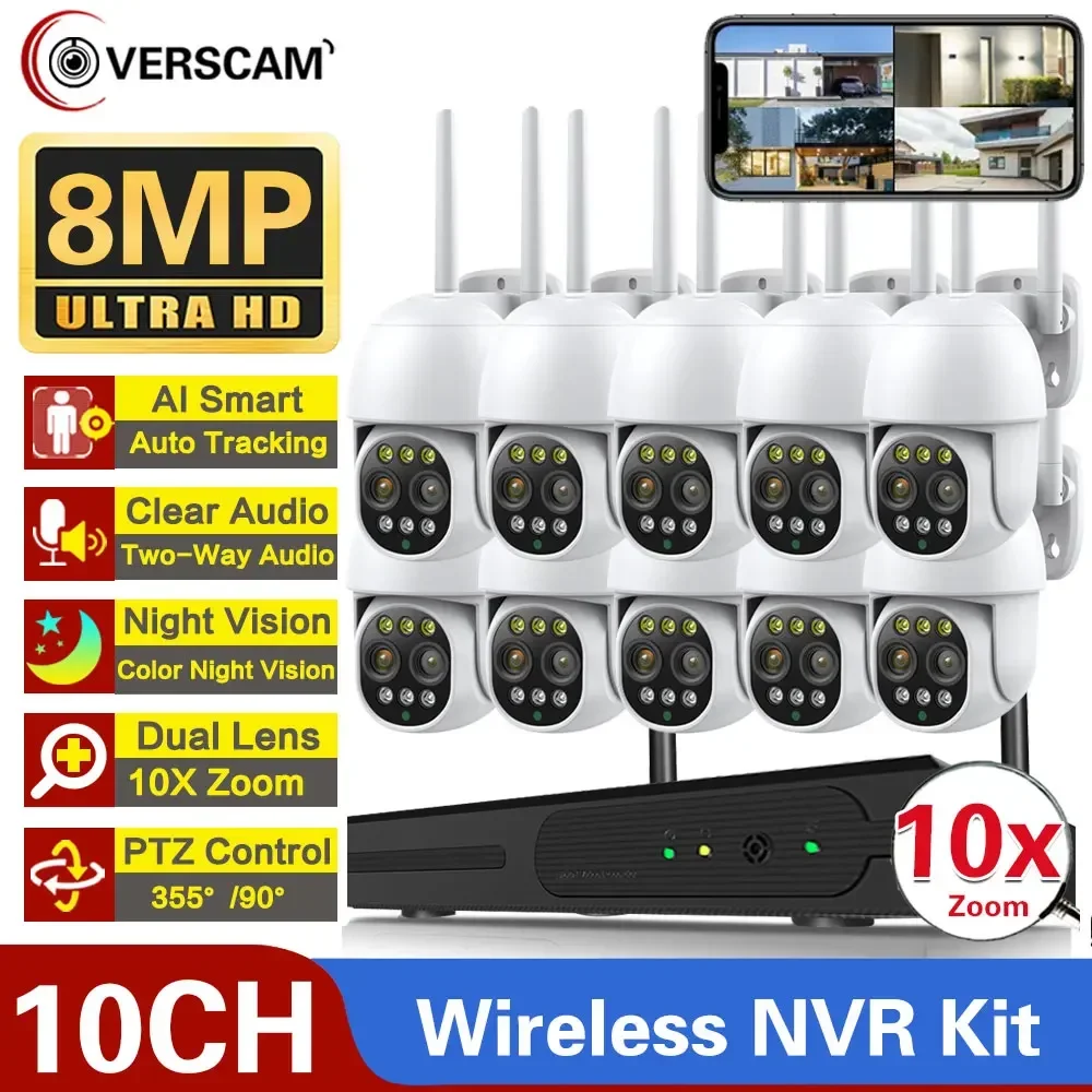 10Ch Nvr Wireless Cctv System 4K 8Mp Color Night Vision Set Di Videosorveglianza Wifi Nvr Kit Cctv Outdoor Ip66 10X Telecamere Con Zoom