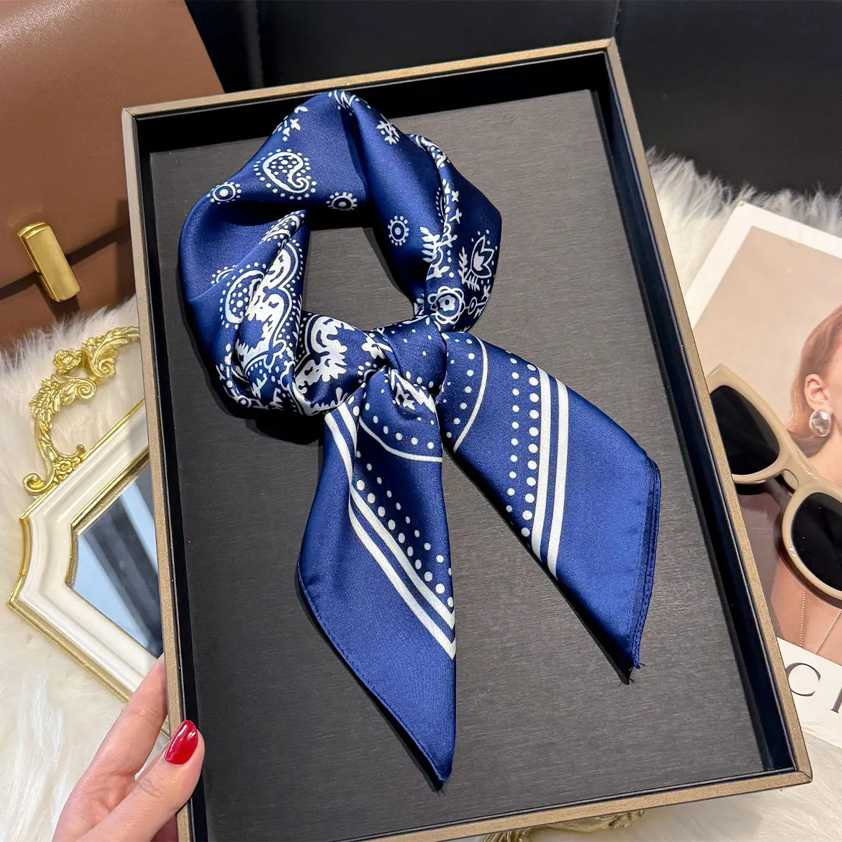 New Luxury Paisley Print 70*70cm Square Scarf Women Soft Satin Hairband Neckerchief Tie Female Headband Foulard Bag Ribbon Gift