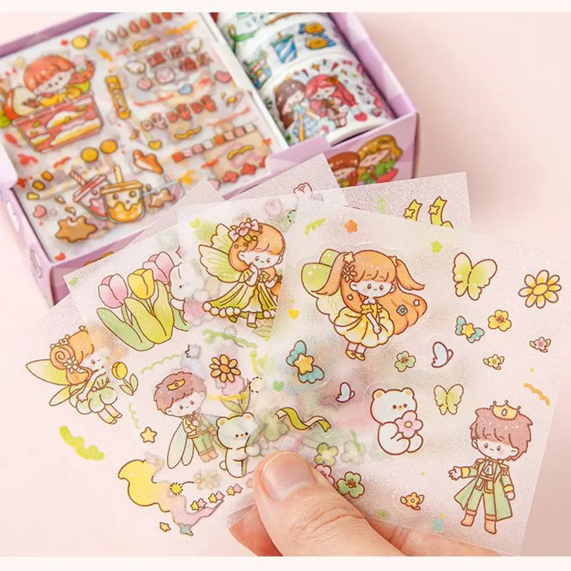 8 PCS Kawaii Washi 테이프 및 스티커 세트 일본 종이 마스킹 테이프 저널 장식 학교 용품 편지지