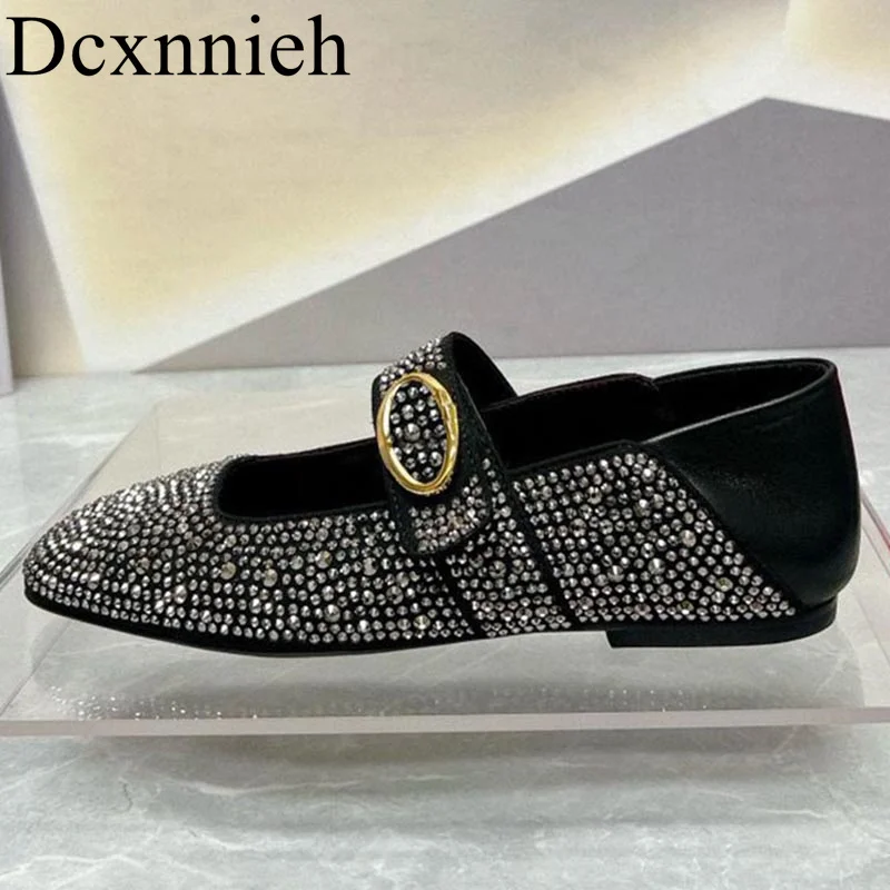 

New Round Toe Crystal Decoration Mary Jane shoes Women's One Character Strip Flat Shoes Spring Autumn Fashion Single Shoes
