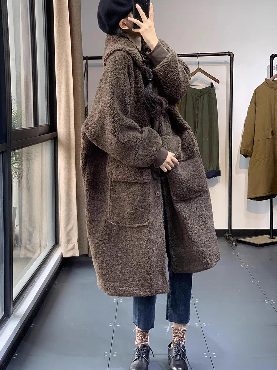 Winter Original Hong Kong Style Literature and Art Fashionable Loose Size Casual Thickened Lamb Fleece Long Hooded Women's Coat