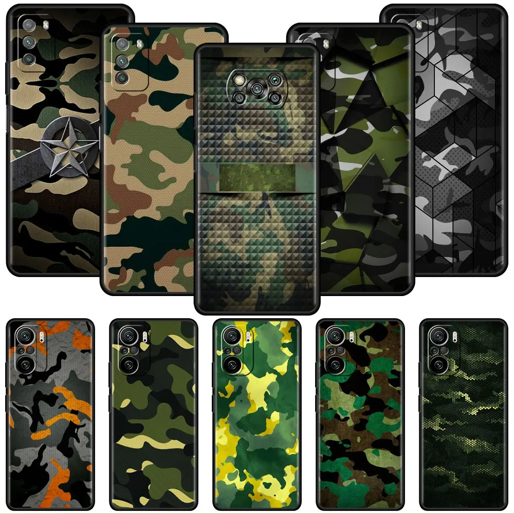 샤오미 레드미 노트 12 11 10 9 8 프로 9s 8T 11 5G K40 10C 9A 10S 9C 폰 커버, 군사 위장 그린 블랙 소프트 케이스 