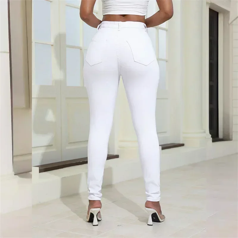 2024 Fashion Broken Holes Women Pencil Jeans Trend Streetwear Slim Fit Denim Pants Casual Solid Color High Waist Female Trousers 3