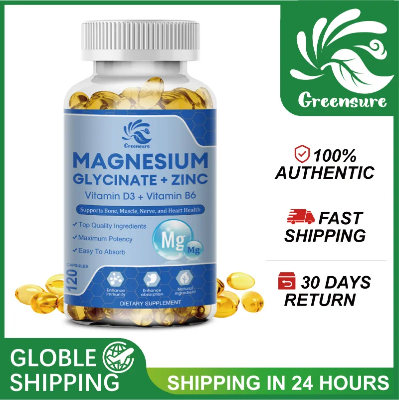 

Greensure 60/120 Pcs Magnesium Glycine Capsules 500mg Dietary Supplement with Zinc,Vitamin D3 B6 Non-GMO Veggie Capsules