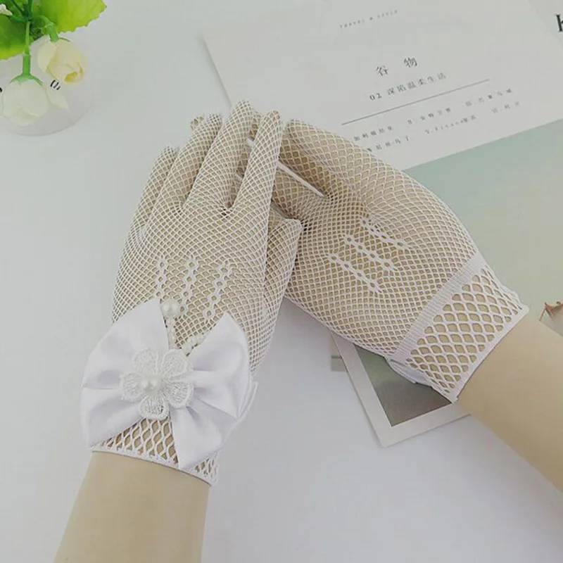 1Pair Girls Kids White Lace Faux Pearl Fishnet Gloves Communion Flower Girl Bride Party Ceremony Accessories