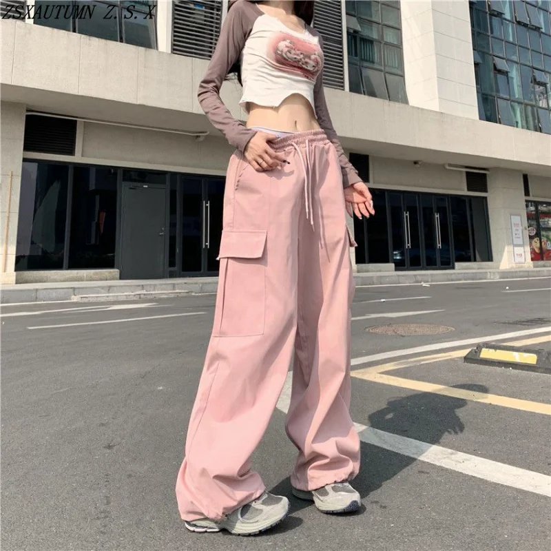 American Urban Cargo Pants Casual Female Summer New High Waist Straight  Wide Leg Pink Pantalon Naughty Lovely Streetwear Trouser