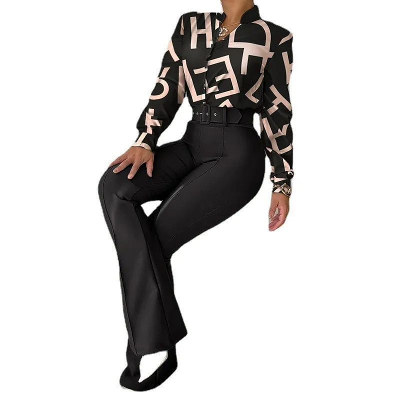 Women Two Pieces Set Tracksuit Office Clothes With Belt Autumn Trend Casual Leaf Print Buttoned Shirt & High Waist Pants Set midi skirt co ord