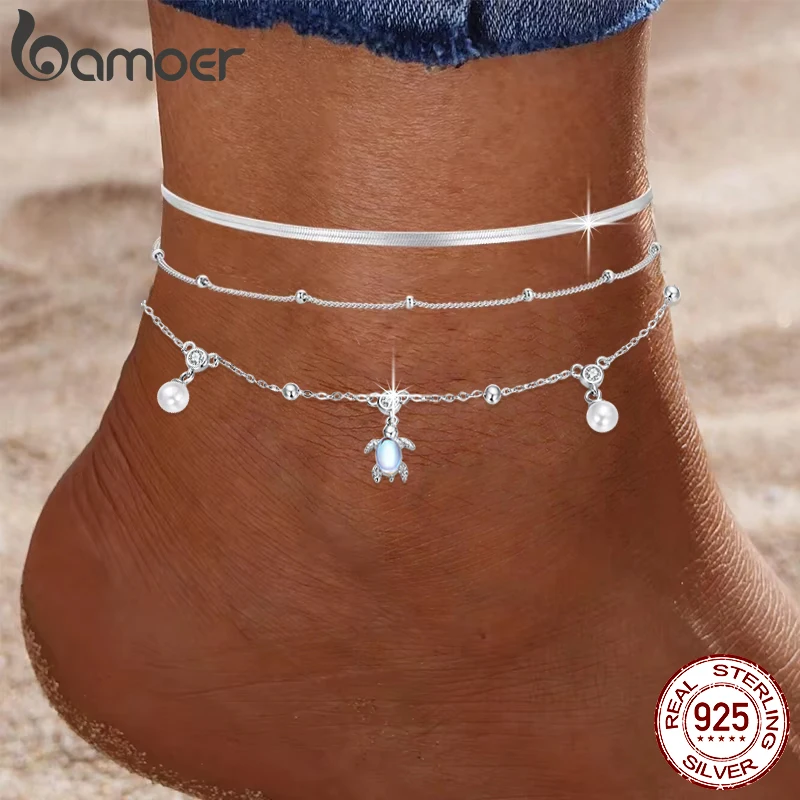 Anklet Bracelets Silver Anklets BAMOER 925 Sterling Silver Snake Chain Anklet Bracelet Adjustable Beach Turtle Ankle Bracelets for Women Foot Chain Jewelry