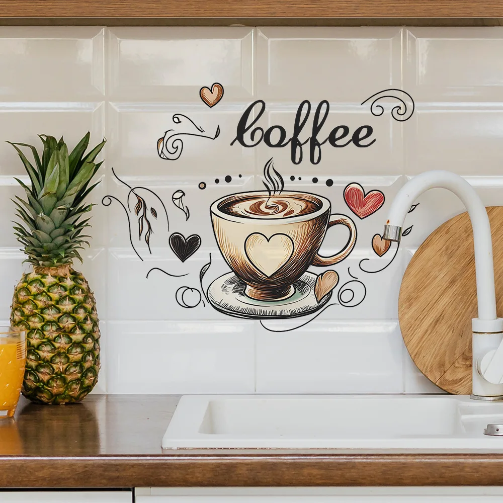 Wall Stickers Creative Love Coffee Cup Wall Stickers For Cafe Background Decoration Wallpaper Kitchen Beautify Home Decor Self-adhesive Decals
