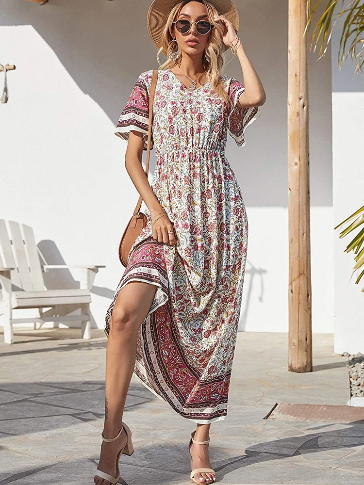 Summer Bohemian Printed Long Dress Women Short Sleeve Beach Dress Vintage Boho  Tunic Dress Female Casual V-neck Floral Sundress - Dresses - AliExpress
