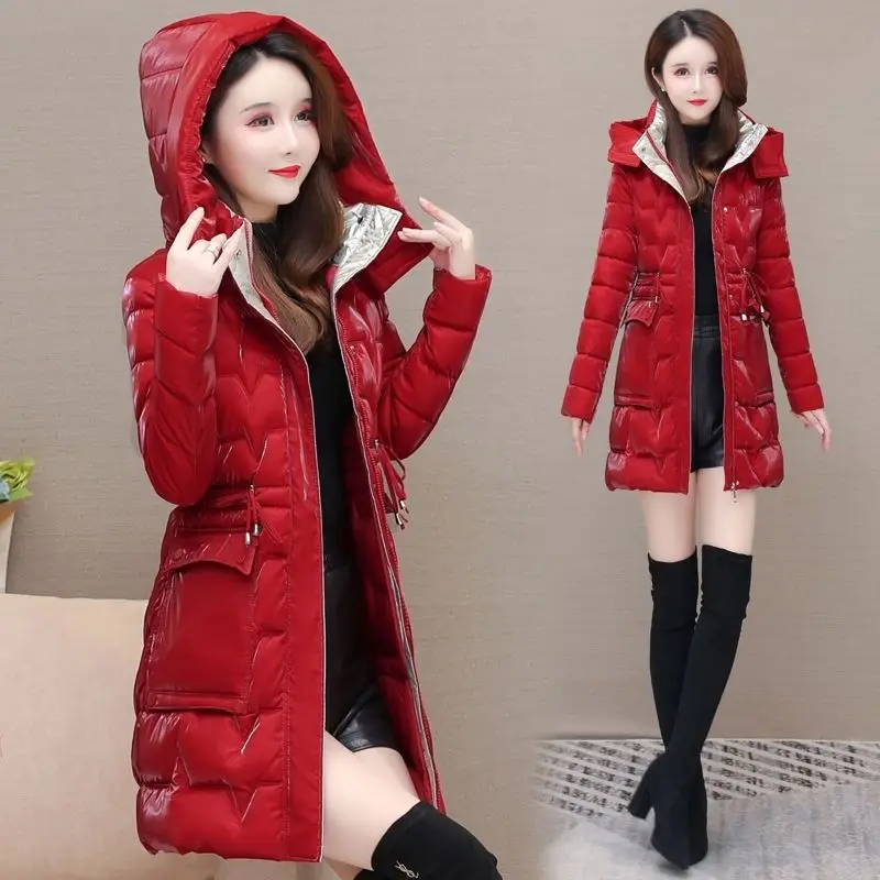 New Women's Down Cotton Coat Winter Warm Jacket Long Thick Bright Face Wash Padded Jackets Female Hooded Parker Overcoat Red 5XL
