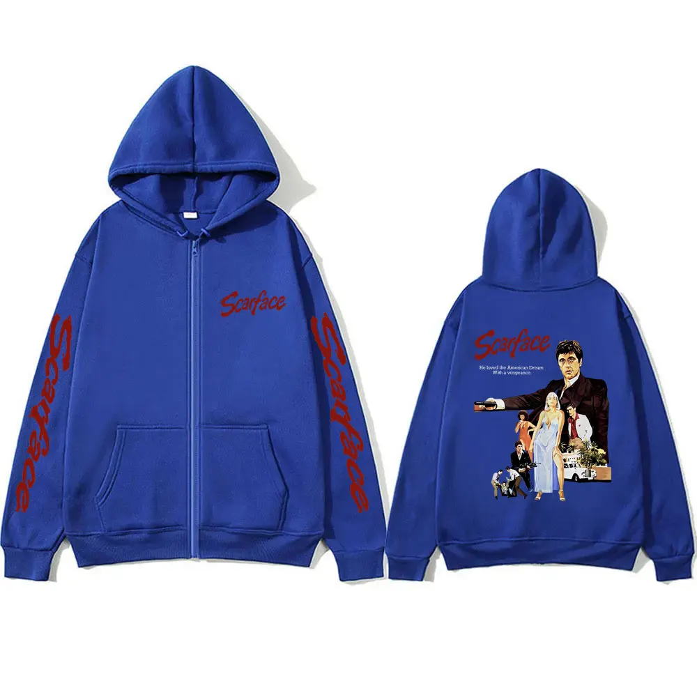 90s Vintage Movie Scarface Tony Montana Zipper Hoodie Al Pacino Print Hoodies Men Women Hip Hop Casual Oversized Zip Up Jacket