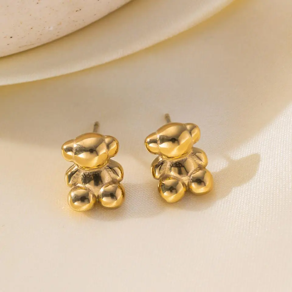 3PCS anime style 3D cute bear earrings necklace set for women stainless steel not fading INS couples gift jewelry