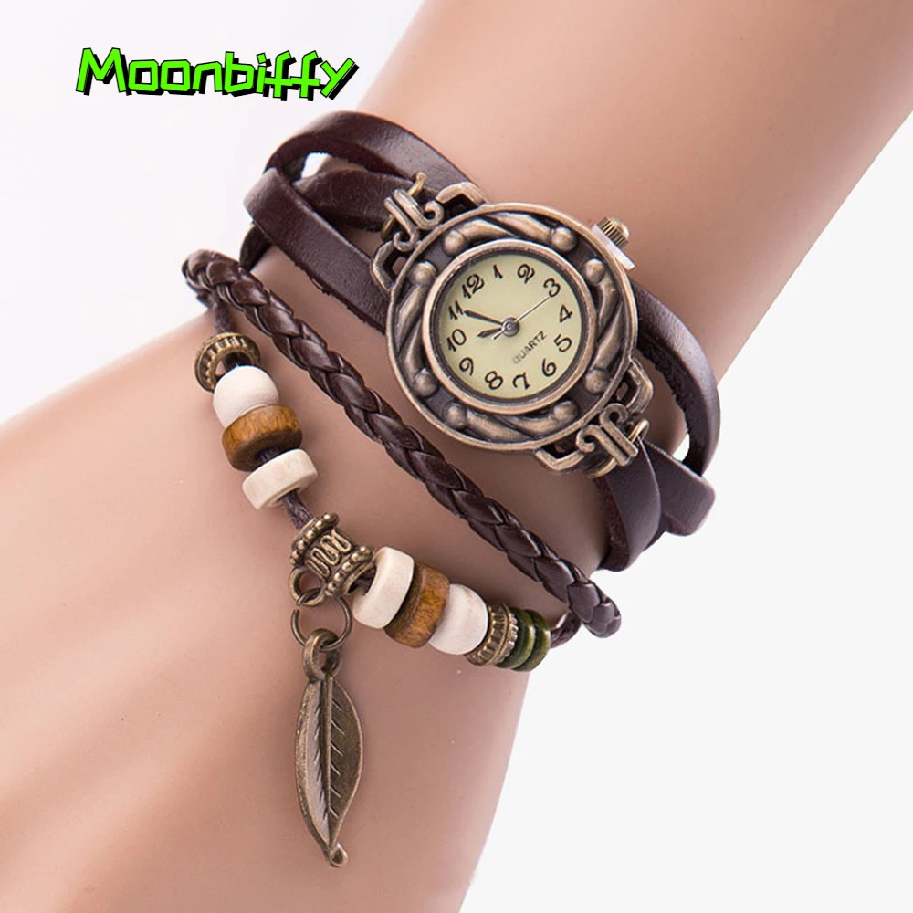 

Multicolor High Quality Women Genuine Leather Vintage Quartz Dress Watch Bracelet Wristwatches Leaf Gift Christmas Reloj Mujer