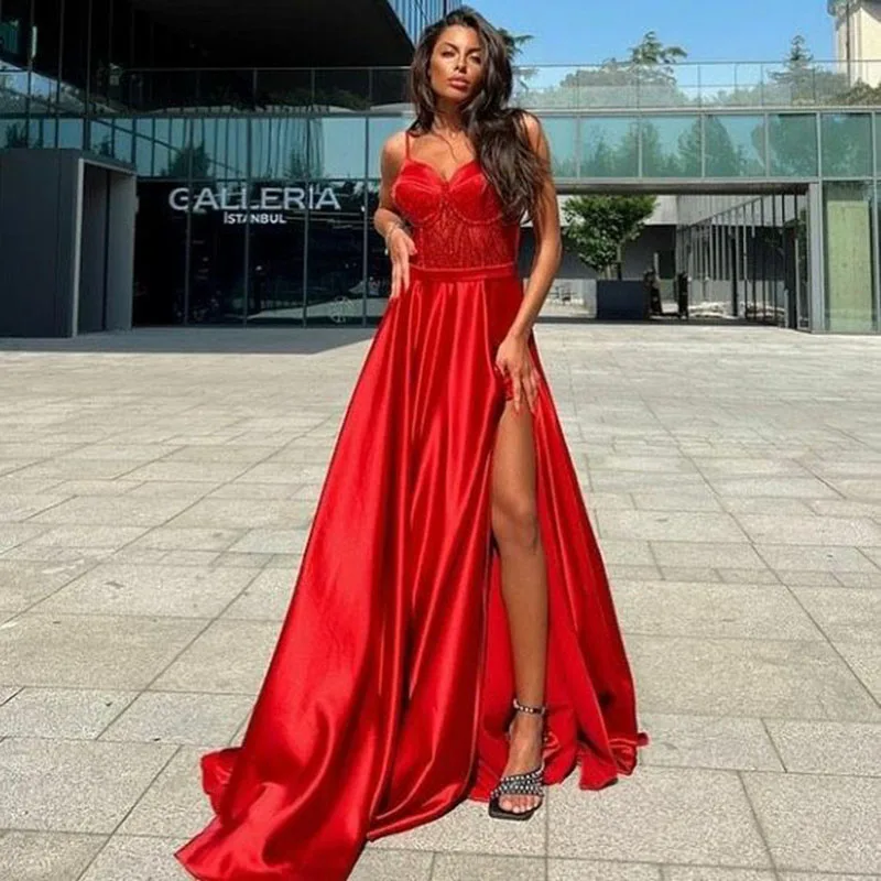 

SoDigne Sexy High Side Split Evening Dresses 2022 Strapless A Line Soft Stain Prom Gowns Sleeveless Red Party Dress