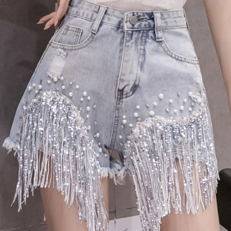 

2023 Summer New Shorts Jeans Women Beaded Tassel Diamond Female High Waist Casual Loose Fashion Hot Pants