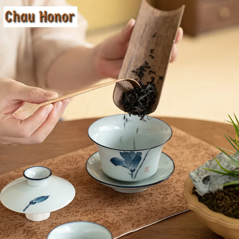 160ml Antique Hand Painted Blue And White Sancai Gaiwan Large Tea Cup Handmade Kung Fu Hand Grasping Ceramic Tea Maker Bowl Gift