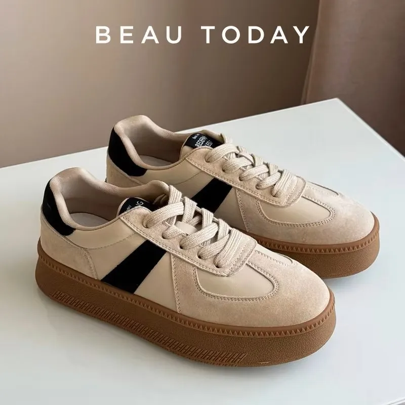 Sport Shoes Women Breathable Pigskin Mixed-colors Lace-up Style Round Toe Ladies Shoes Handmade BEAUTODAY