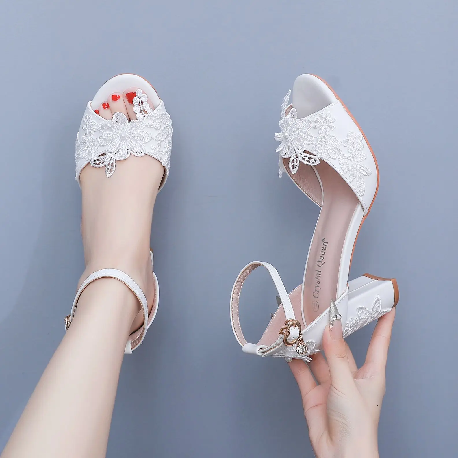 Sd9bb60e31ef347488df1283ce8085044Q Elegant White Lace Pearl Ribbon Open Toe High Heels for Weddings