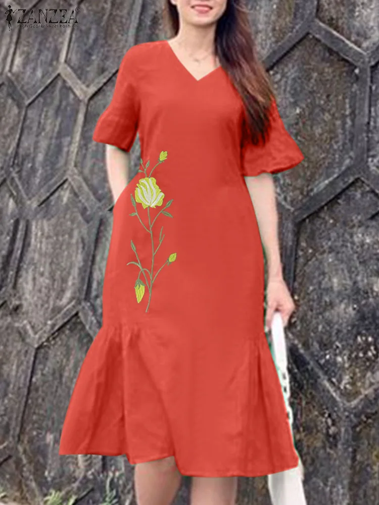 

ZANZEA Women Holiday Sundress Work Vestidos Robe Fashion Party Dress Bohemian Summer Short Sleeve V-Neck Floral Embroidery Dress