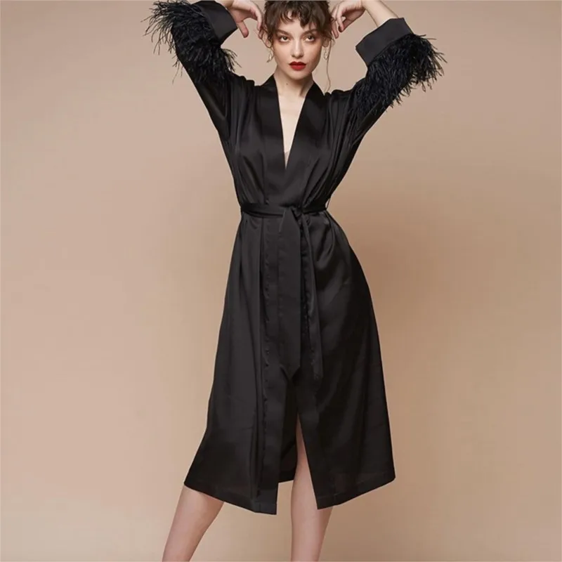 

One Piece Summer Ladies Cute Clothes Casual Women Dress Long Sleeve Feather Nightgown Cardigan Loose Silk Pajamas Home Black