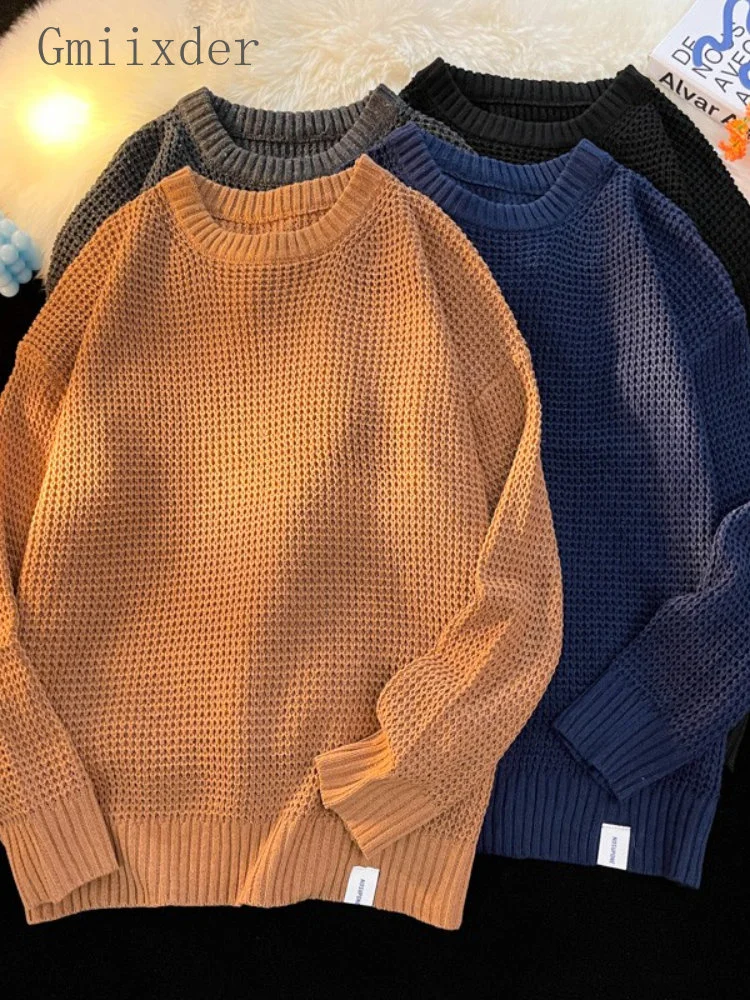 

Vintage Solid Knit Sweater Hong Kong Style O-neck Pullover Men Women Oversize Thicken Winter Warm Outside Wear Jumper