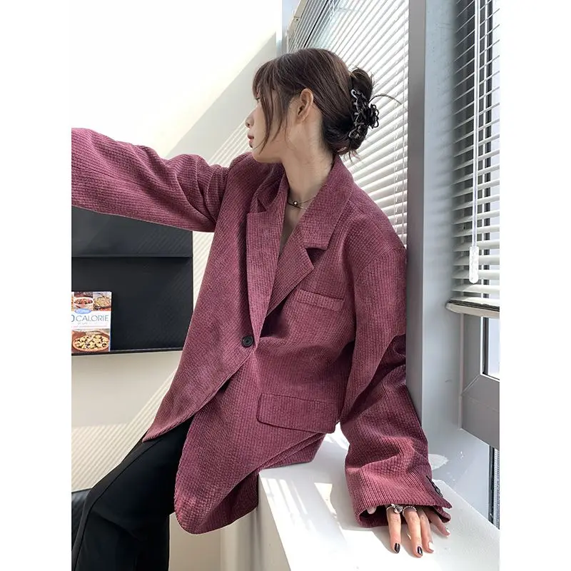 

Rose Red Corduroy Women's Suit Jacket Spring and Autumn 2023 New Design Sense Niche Loose Casual Single-breasted Suit Blazer Top