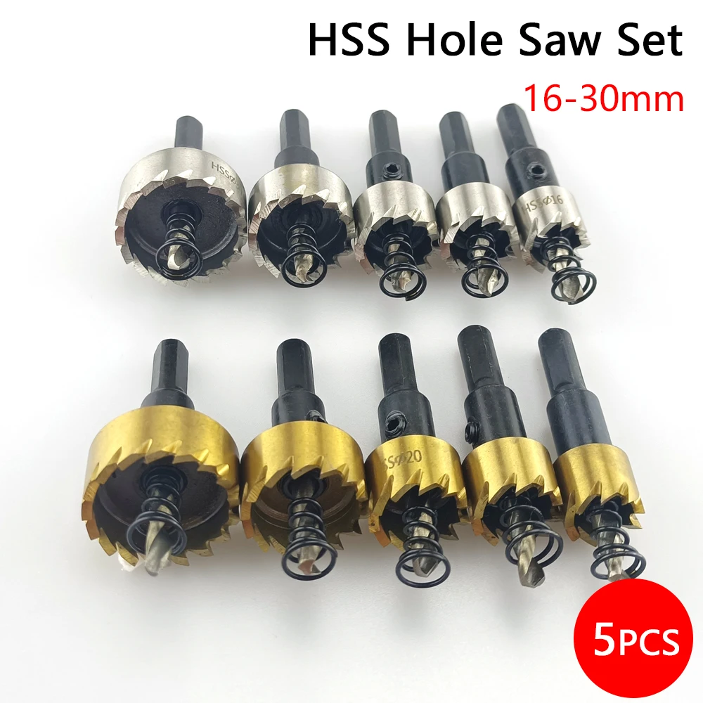 5 Pcs 16-30mm HSS Hole Saw Set Titanium Coated Drill Bit Drilling Crown for Metal Alloy Stainless Steel Wood Cutting Tool