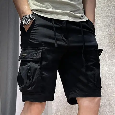 thumbnail image 1 of Pantalones cortos cargo para hombre, de color caqui, lisos, con cordón, estilo coreano, holgados, con cintura elástica, para verano, Y2k, 1 of 5