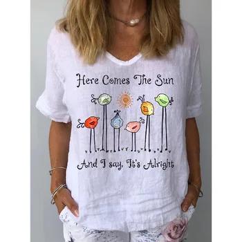ilstile Women's Hippie Qute Print T-Shirts Summer Short Sleeve Casual Loose V Neck Tops White Tees NEW