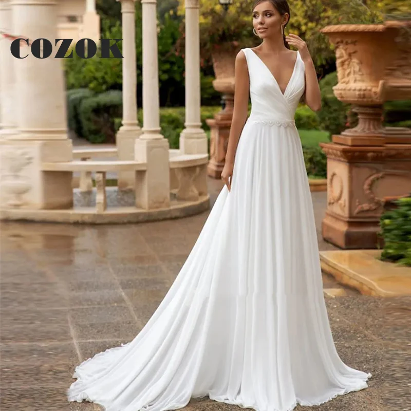 

Elegant V Neck A Line Wedding Dresses White Sleeveless Backless Floop-Length Bridal Gowns Vestidos De Novia Custom Z50Z