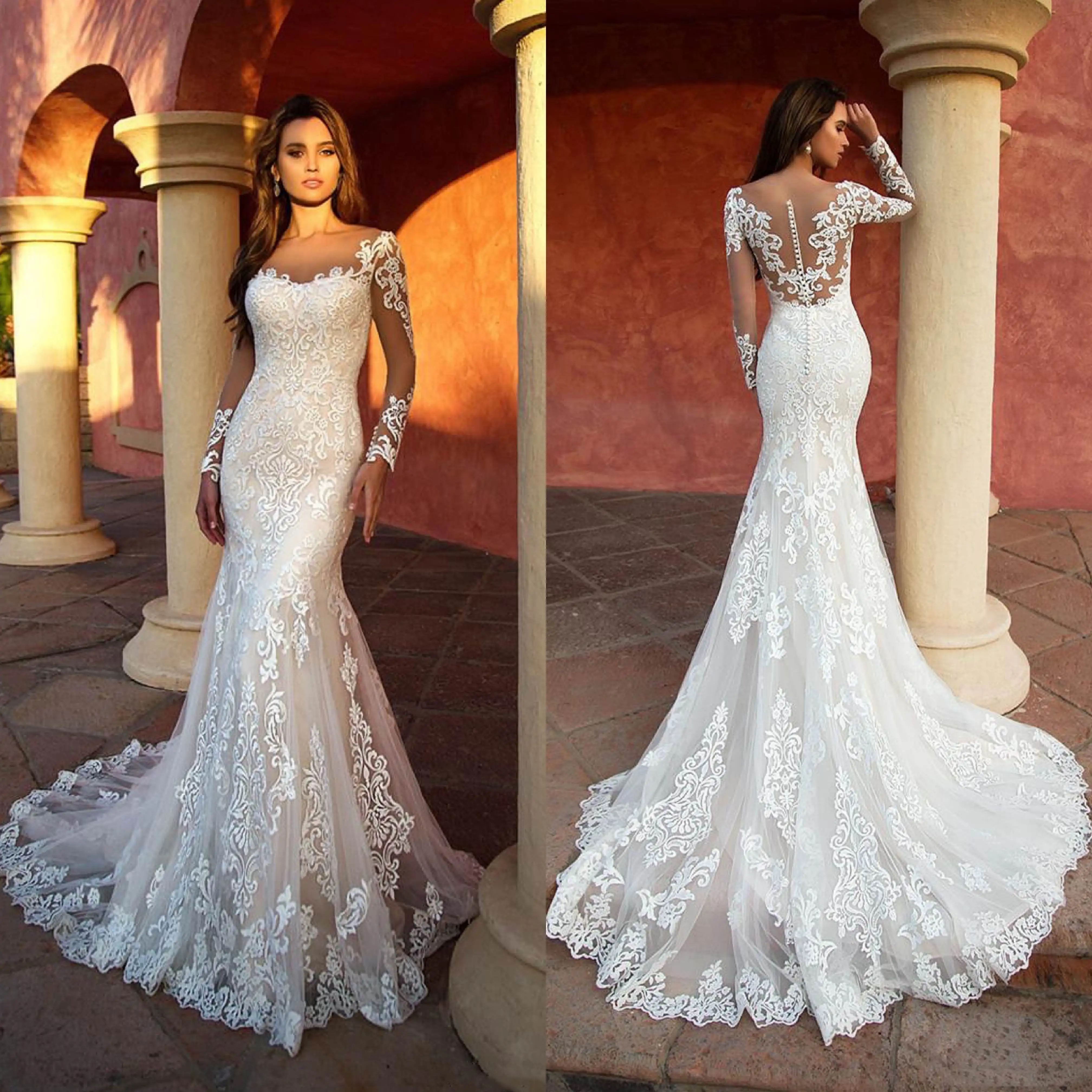 

Simple Mermaid Gown Wedding Dresses Flowers Appliques Lace Bridal Gowns Big Size Vestidos De Novia Custom Size Colour