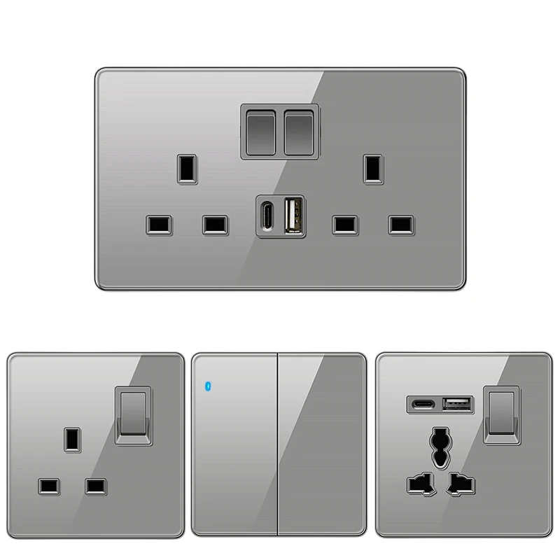 Interruptor de Luz de Parede de Vidro Cinza Tomada de Luz de Parede da Escada Adaptador Usb Luz Led 3.1 tipo c 18w Gang Gang Gang 4gang Gang 2way