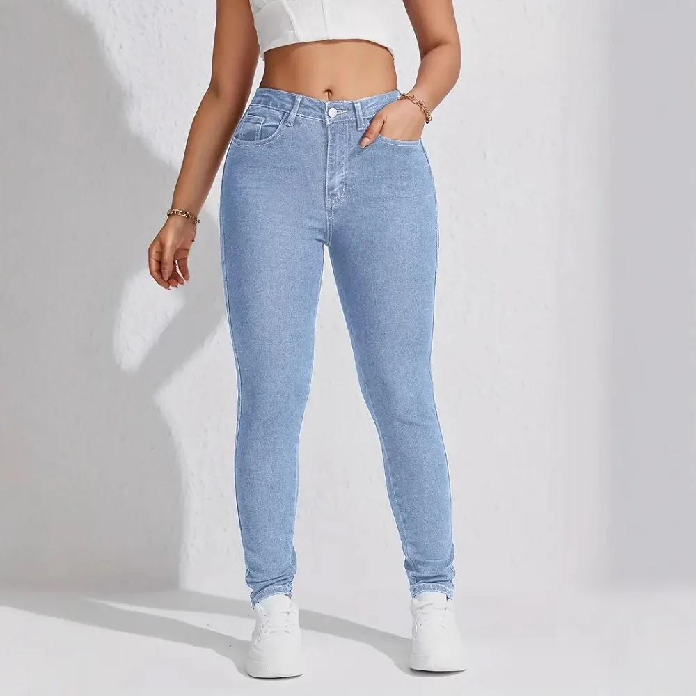 Women High Waist Stretch Denim Jeans Hip Lifting Skinny Pencil Pants Ladies Full Length Slim Solid Color Trousers 2