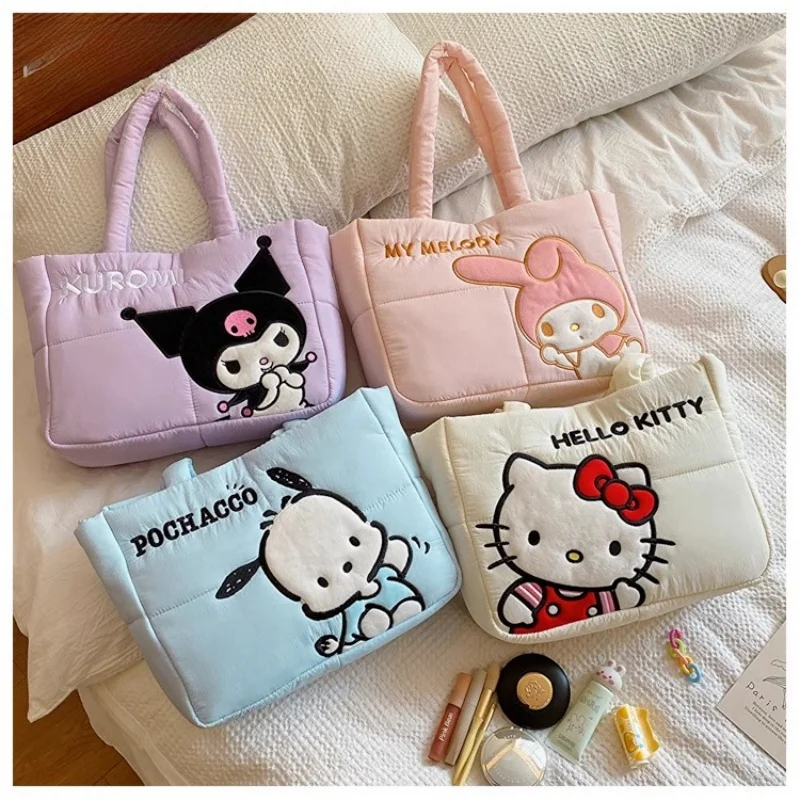 

2024 New Sanrio Kuromi Handbag Pochacco Down Fabric Tote Bag Shoulder Cute Stationery Cartoon Bag Large Capacity Handbag