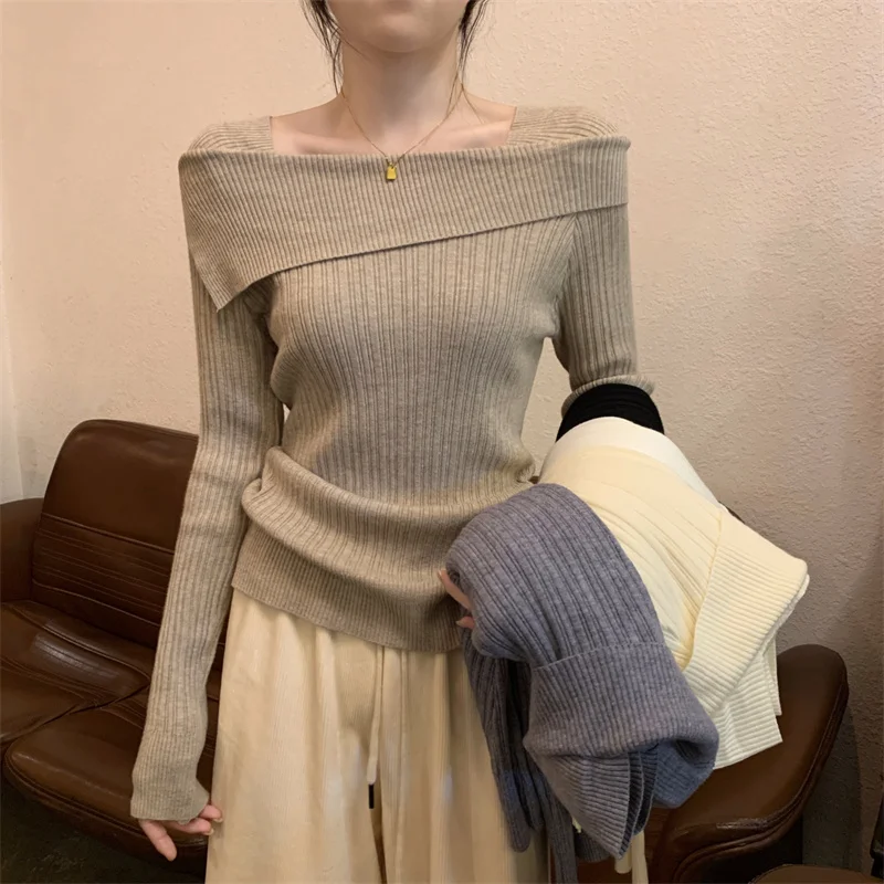 Sanmuzi Autumn and Winter 2023 New Korean Sle Design Sense off Neck Slim fit Knitted Base
