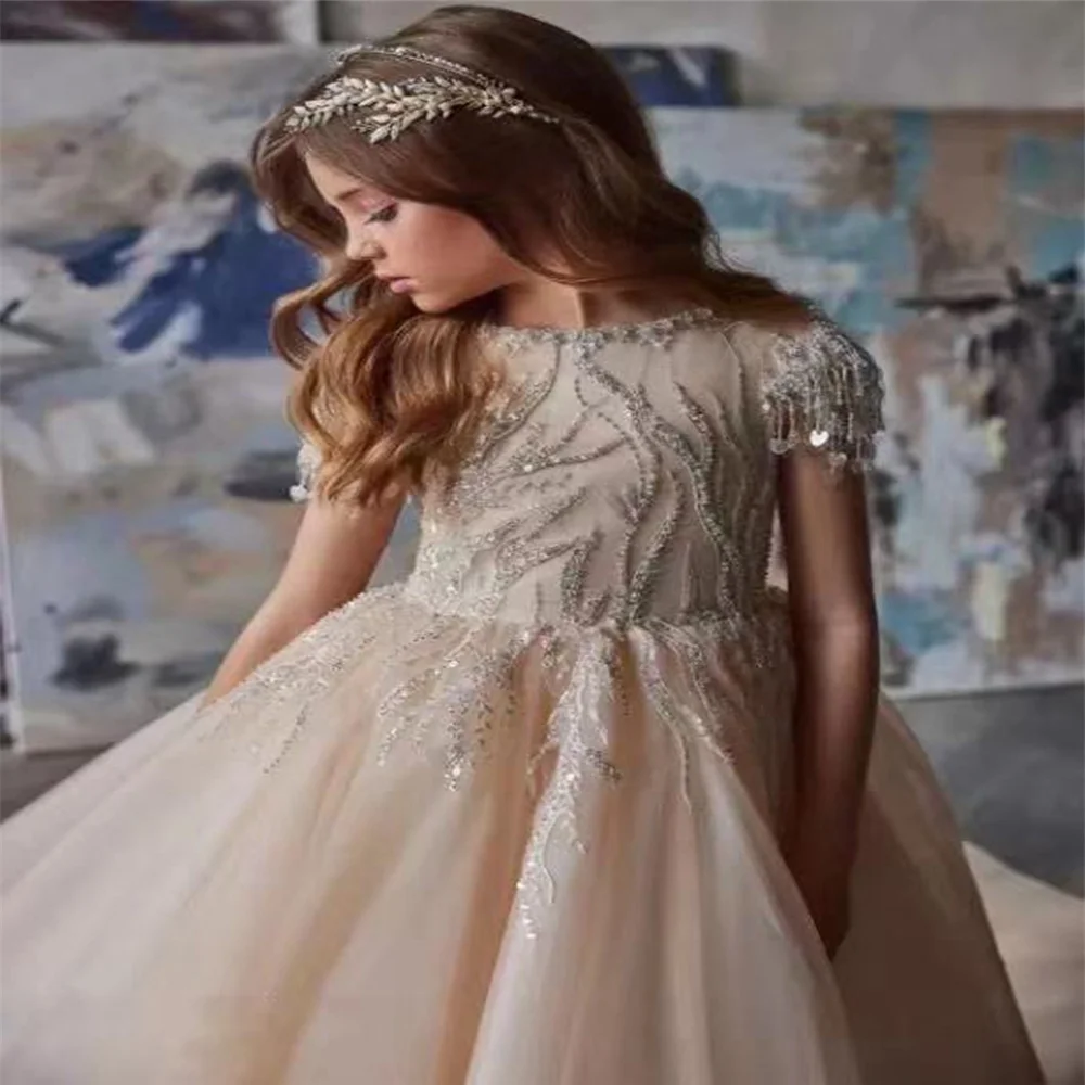 Elegance Champagne Tulle Appliques Sparkly Sequins Beaded Kids Pageant Gowns Birthday Dresses Flower Girl Dresses Wedding