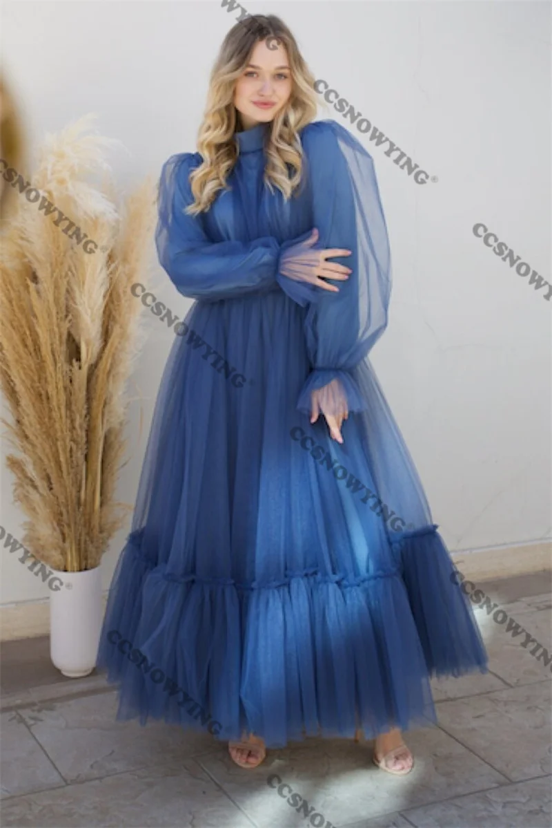 

Simple Blue Tulle Tiered Muslim Evening Dresses Long Sleeve Islamic Formal Party Gowns High Neck Women Arabic Robes De Soirée