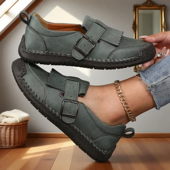 حذاء نسائي مسطح أنيق كلاسيكي بمقدمة مستديرة حذاء بدون كعب عصري جديد قابل للتنفس وغير قابل للانزلاق حذاء قيادة جلدي متعدد الاستخدامات مصنوع يدويًا 4