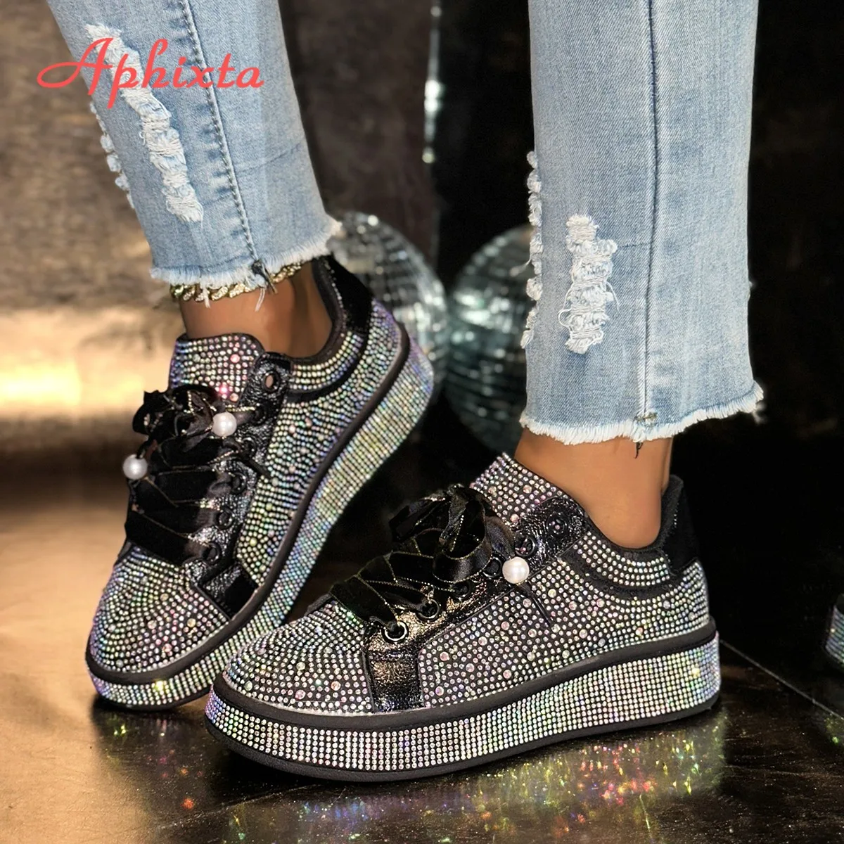 Aphixta Sequined Cloth 3.5cm Platform Custom Casual Shoes Luxury Crystal High Quality Woman Shoes Fashion Ladies Footwear Size43