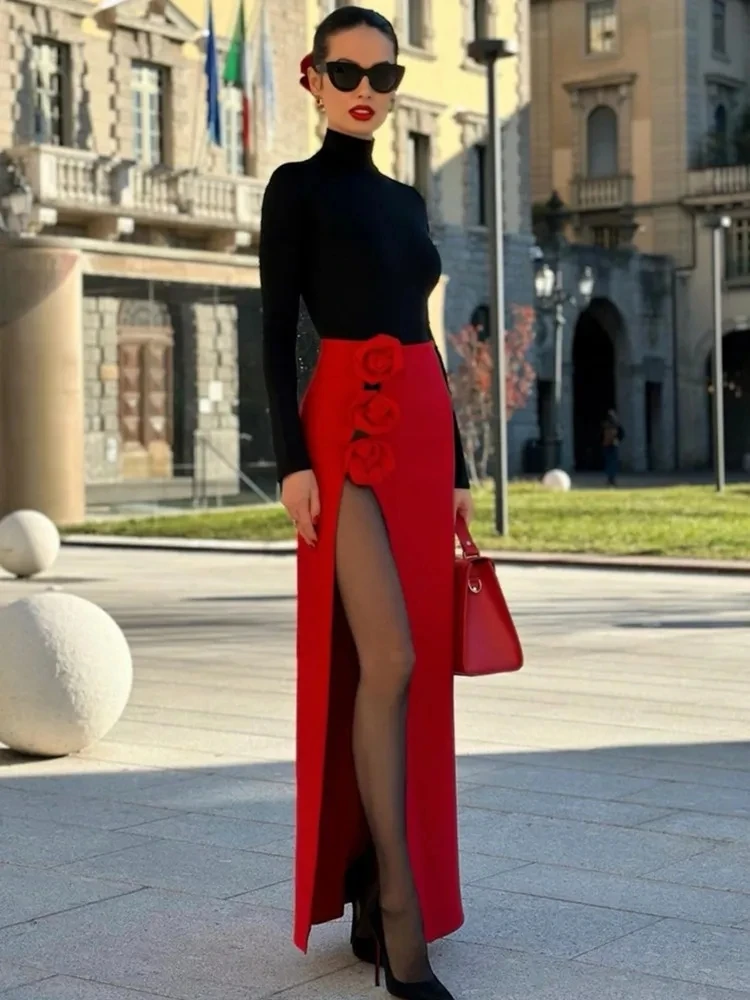 

Summer New Women Black Red Flower Bandage Skirt 2024 Designer High Waist Party Office Lady Elegant Split Bodycon Skirt