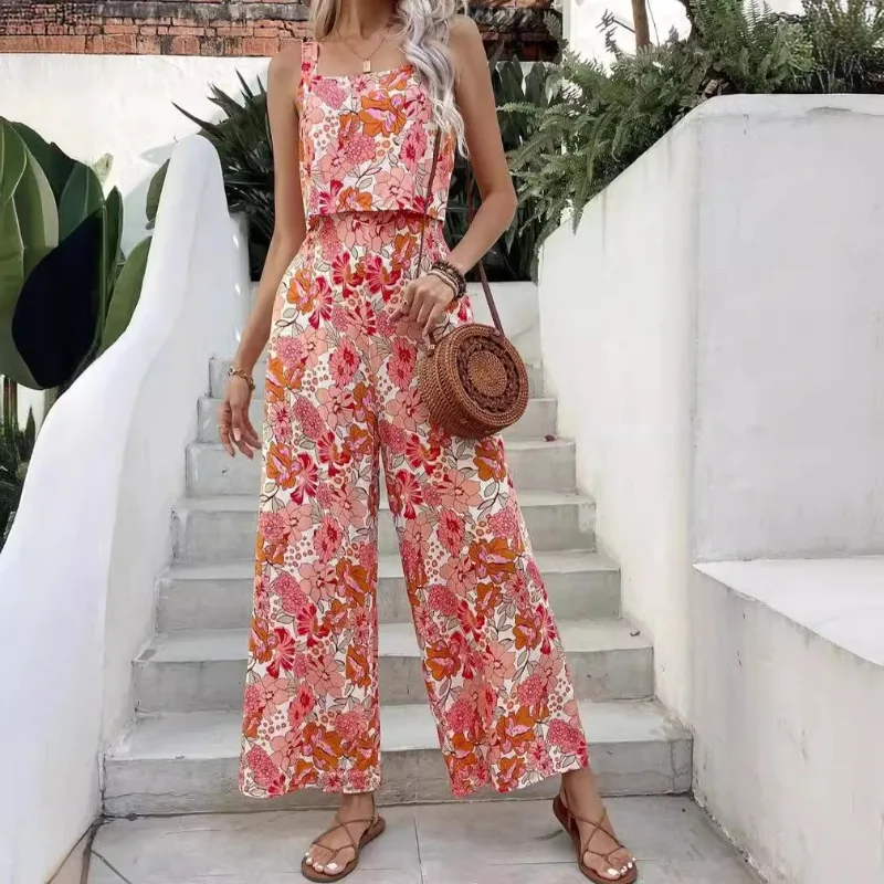 2024 Summer Women's Casual Clothes Print Square Neck Strap Top & Wide Leg Pants Set Temperament  Female Fashion Trousers Outfits
