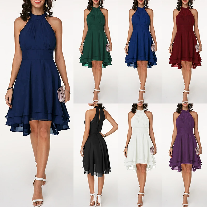 

Summer Elegant High Waist Dresses For Women 2022 Sexy Cropped Layered Halter Ladies Casual Sleeveless Chiffon Solid Party Dress
