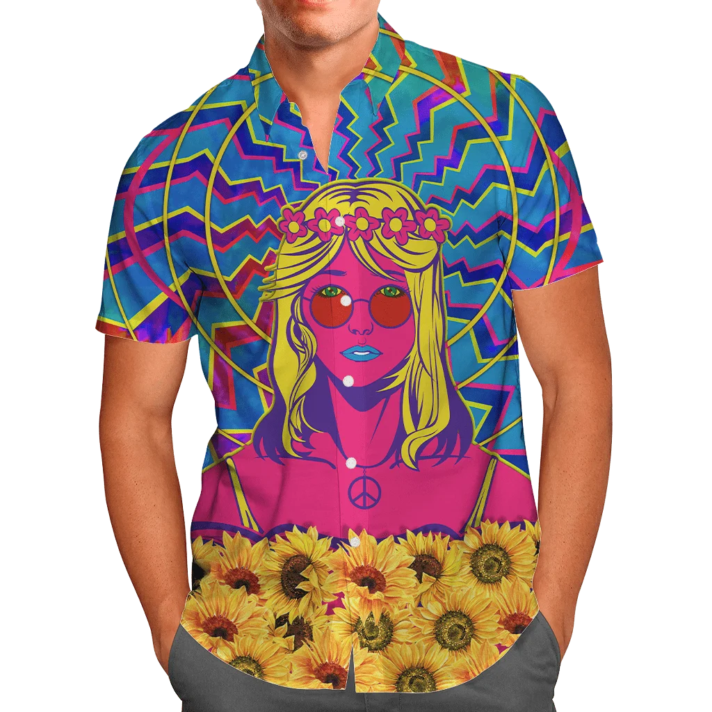 Hippie Girl With Sunflower Shirt 3D Hawaiian Shirt Men Summer Short Sleeve Shirt Men Shirts 2023 Oversized 5XL Chemise Homme