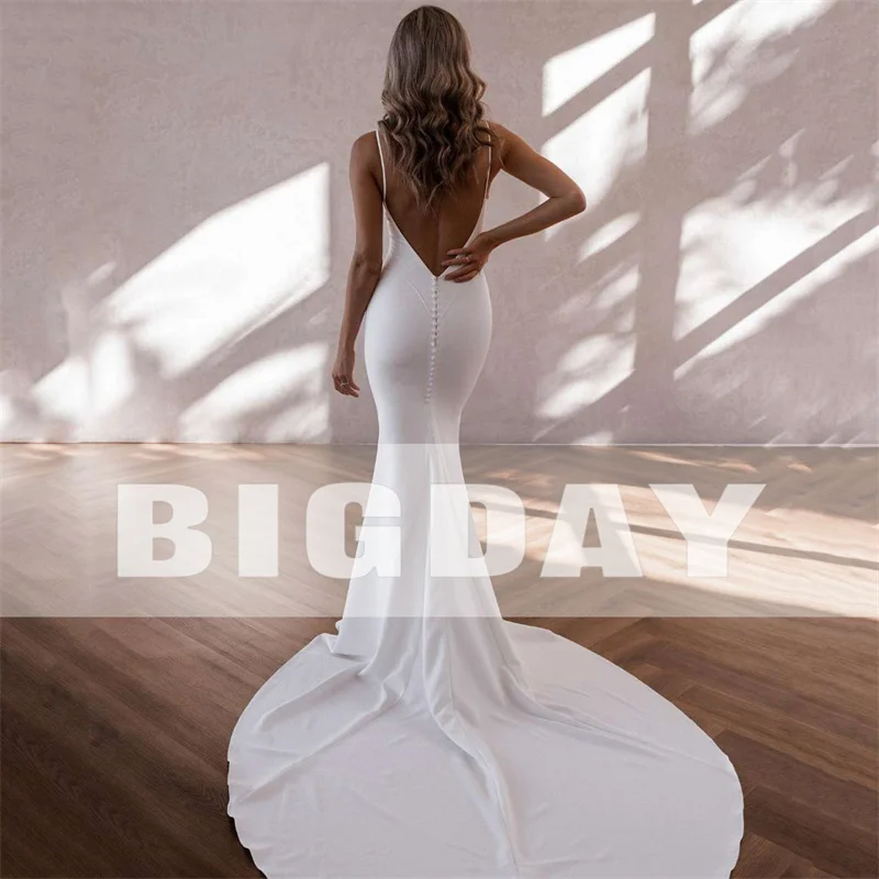 Elegant Mermaid Wedding Dresses Women Open Back V-Neck Spaghetti Straps Crepe Simple Bridal Gowns Vestidos De Noiva Customized 5