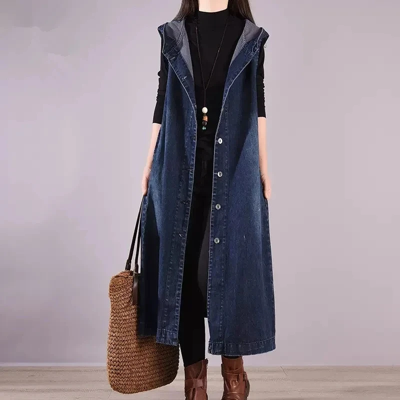 2023 Spring Autumn Vintage Denim Vest Women's Long Hooded Sleeveless Waistcoat Jacket Korean