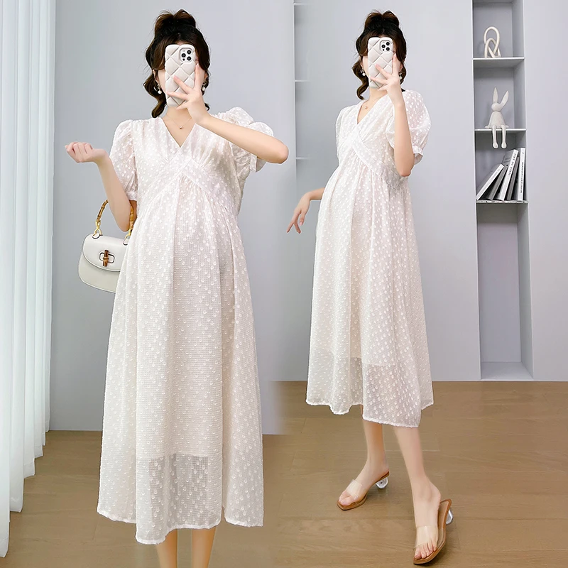 

9687 2023 Summer Korean Fashion Maternity Midi Long Dress Elegant A Line Slim Clothes for Pregnant Women Sweet Stylish Pregnancy