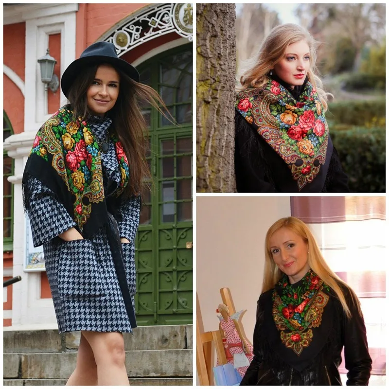 

135*135cm Women Russian Style Big Square Scarf Shawl Retro Fringed Cotton Print Scarves Wraps Ethnic Shawls Bandana